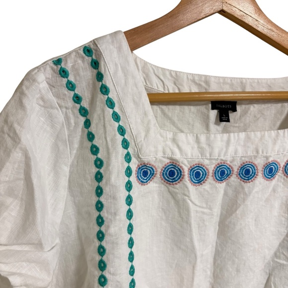 Talbots white linen blend embroidered eyelet tie sleeve square neck spring top L - Picture 8 of 12